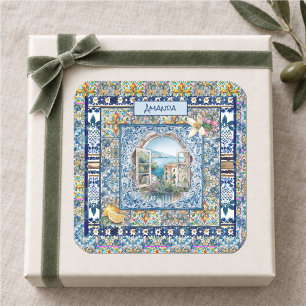 Sticker Carré été italie carreaux bleu floral citrus monogramme