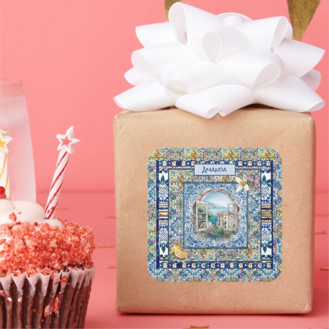 Sticker Carré été italie carreaux bleu floral citrus monogramme (Fête)