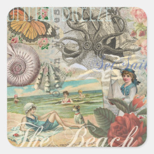 Sticker Carré été plage vintage pieuvre antique voile