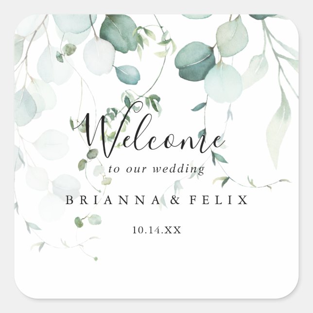 Sticker Carré Été Vert Eucalyptus Foliage Mariage Bienvenue (Devant)