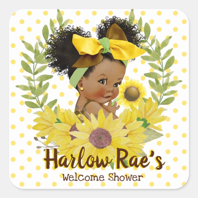 Sticker Carré Ethnic Baby Girl | Baby shower de tournesol jaune (Devant)