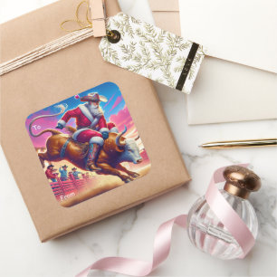 Sticker Carré Étiquette-cadeau Cowboy Père Noël Bull Riding