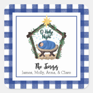 Sticker Carré Étiquette-cadeau de la nativité bleue de l'aquarel