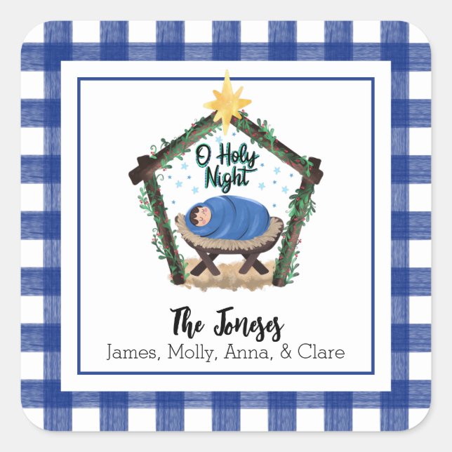Sticker Carré Étiquette-cadeau de la nativité bleue de l'aquarel (Devant)