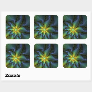 Sticker Carré Étoile abstraite, art fractal doré bleu vert brill