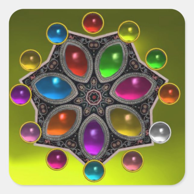 STICKER CARRÉ ÉTOILE BRILLANTE AVEC DES GEMSTONES COLORÉS JAUNE  (Devant)
