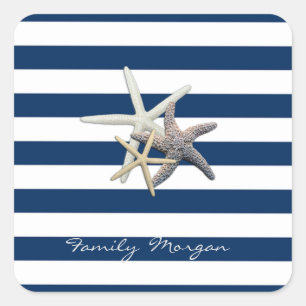 Sticker Carré Étoile de mer adorable, rayures bleu marine - Pers