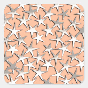 Sticker Carré Étoiles argentées sur fond rose pêche