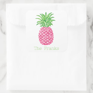 Sticker Carré Étoiles d'ananas rose preppy personnalisées