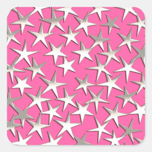 Sticker Carré Étoiles d'argent sur fuchsia rose (Devant)
