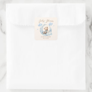 Sticker Carré Étoiles de l'ours en peluche bleu pour Baby Shower