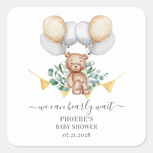 Sticker Carré Eucalyptus Bearly Wait Bear & Balloons Baby shower (Devant)