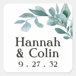 Sticker Carré Eucalyptus Cadre Vert Bleu Vert Noms Noirs