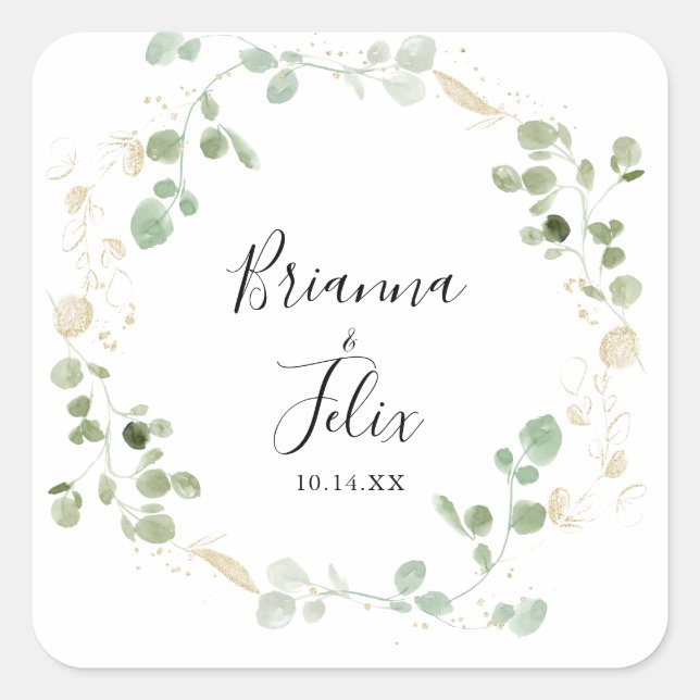 Sticker Carré Eucalyptus d'or Foliage Mariage Enveloppe Phoques (Devant)