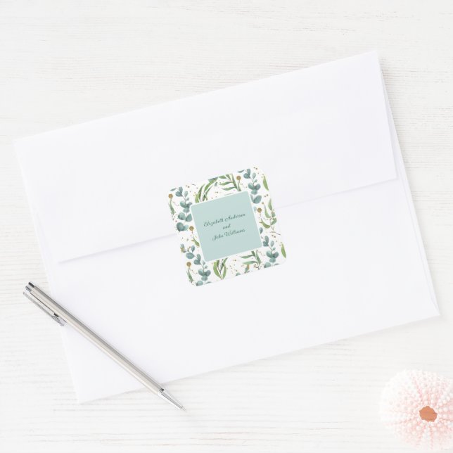 Sticker Carré Eucalyptus Et Mariage Couple Or (Enveloppe)