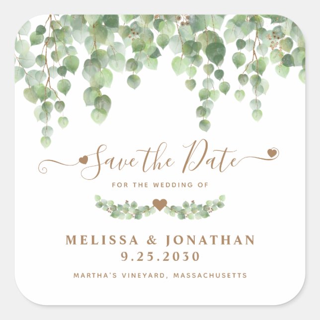Sticker Carré Eucalyptus Green Mariage Or Enregistrer La Date (Devant)