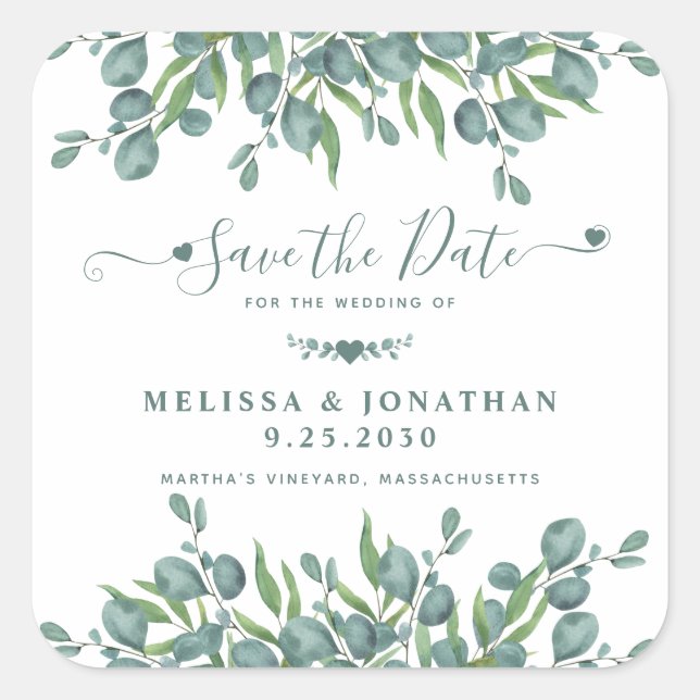 Sticker Carré Eucalyptus Green Sage Wedding Enregistrer La Date (Devant)