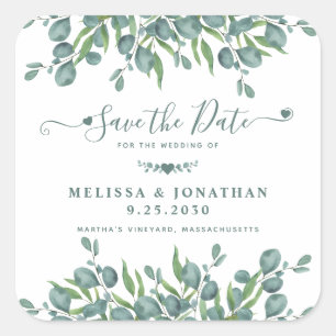 Sticker Carré Eucalyptus Green Sage Wedding Enregistrer La Date