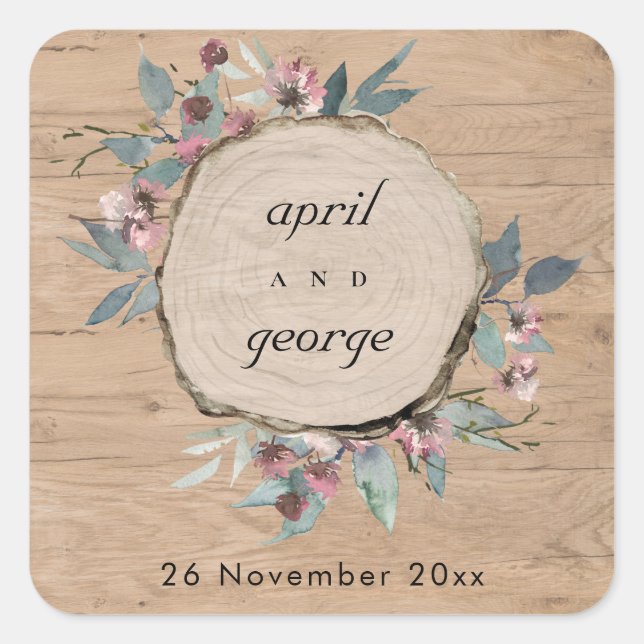 Sticker Carré Eucalyptus rose sauvage en bois rustique Mariage (Devant)