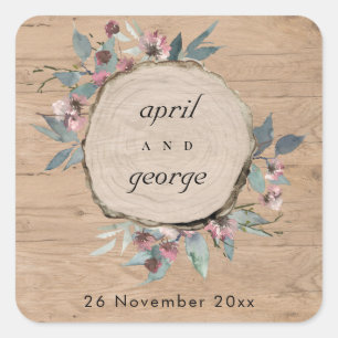 Sticker Carré Eucalyptus rose sauvage en bois rustique Mariage