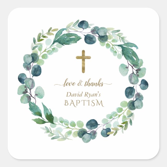 Sticker Carré Eucalyptus verdure Wreath Gold Cross Baptême (Devant)