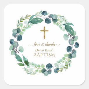 Sticker Carré Eucalyptus verdure Wreath Gold Cross Baptême