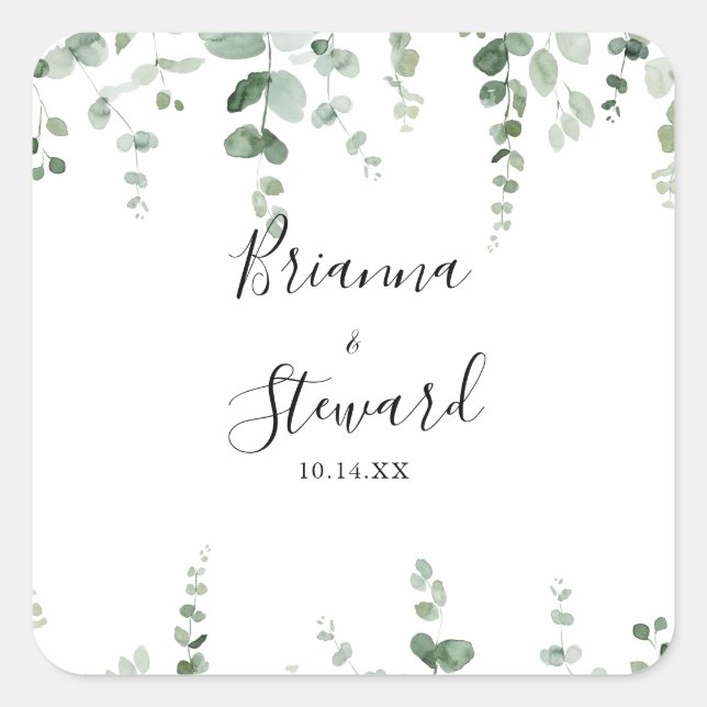 Sticker Carré Eucalyptus Vert Mariage Enveloppe Phoques (Devant)
