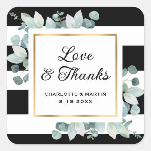 Sticker Carré Eucalyptus vert noir blanc Mariage or
