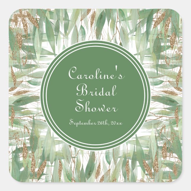 Sticker Carré Eucalyptus Vert Or Pailleté Feuilles Shower de Mar (Devant)