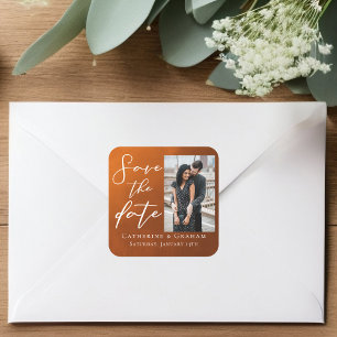 Sticker Carré Événement Couple Photo Save the Date Orange Brûlé