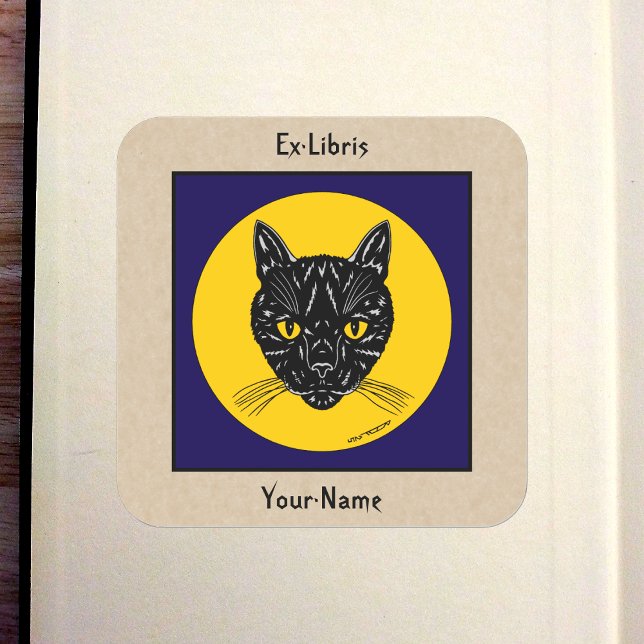 Sticker Carré Ex-libris au visage de chat noir (Black Cat Face Bookplate in Old Book)