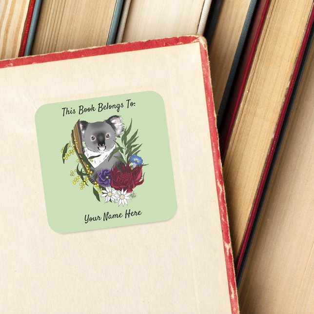 Sticker Carré Ex-libris Australien Vert Ourson Koala Mignon (Créateur téléchargé)