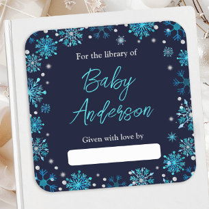 Sticker Carré Ex-libris Baby Shower Flocons de Neige Bleu et Arg