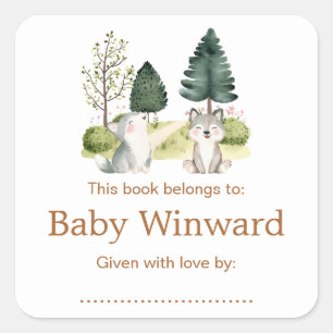Sticker Carré Ex-libris Baby-Shower Loup des Bois