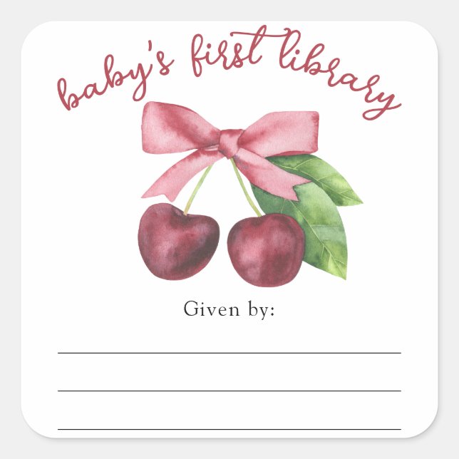 Sticker Carré Ex-libris Baby Shower ruban cerise aquarelle (Devant)