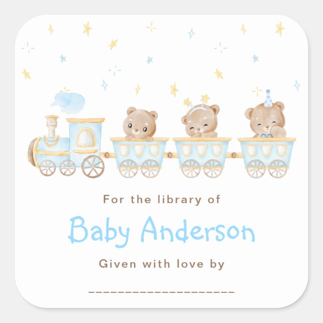 Sticker Carré Ex-libris Baby Shower Train Bleu Ours (Devant)