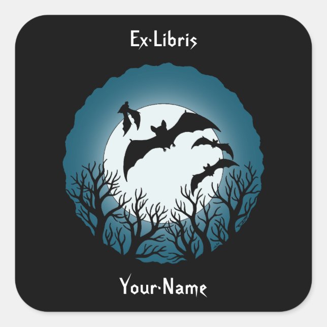 Sticker Carré Ex-libris Bats and Trees Against the Moon (Devant)
