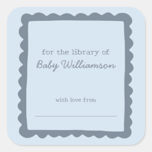Sticker Carré Ex-libris bébé à bordure fantaisiste bleu doux Bib
