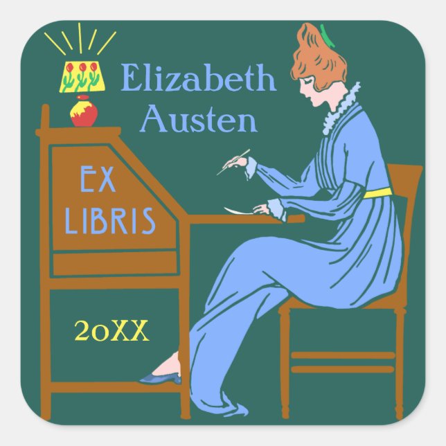 Sticker Carré Ex Libris Boite Déco Lady Writing Desk Personnalis (Devant)
