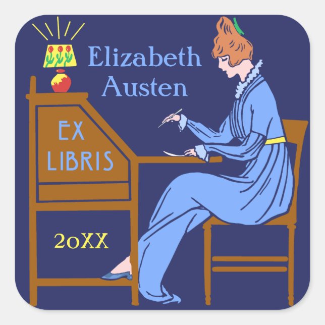 Sticker Carré Ex Libris Boite Déco Lady Writing Desk Personnalis (Devant)