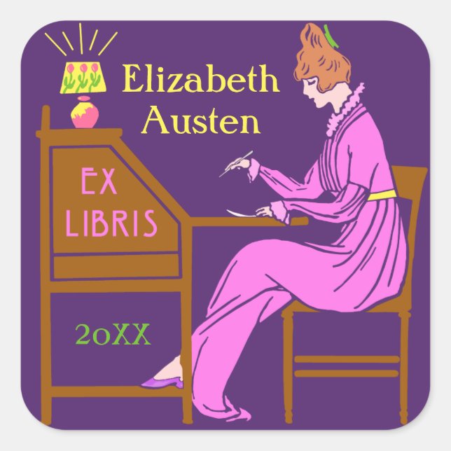 Sticker Carré Ex Libris Boite Déco Lady Writing Desk Personnalis (Devant)