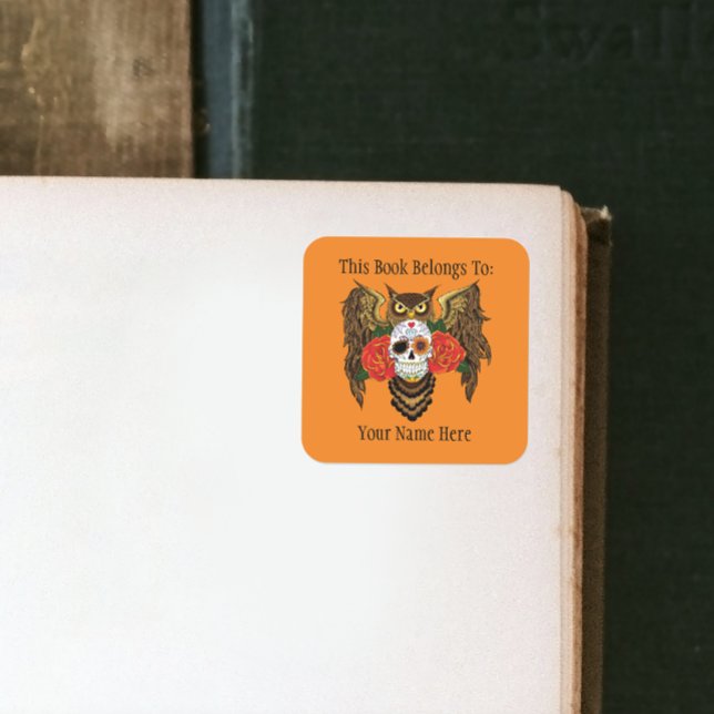 Sticker Carré Ex-libris Crâne de hibou aux roses rouges et sucre (Créateur téléchargé)