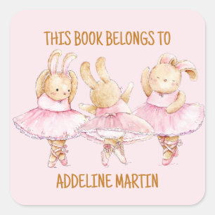 Sticker Carré Ex-libris Danse des Lapines Ballerine Rose 
