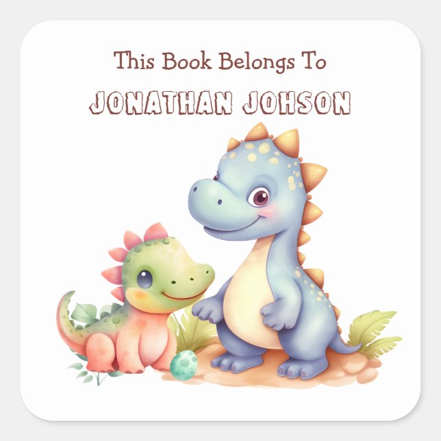 Sticker Carré Ex-libris de dinosaure mignon pour enfants fantais (Devant)