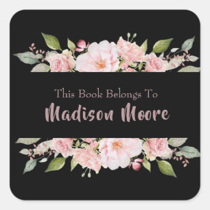 Sticker Carré Ex-libris de jolies roses florales avec nom inscri