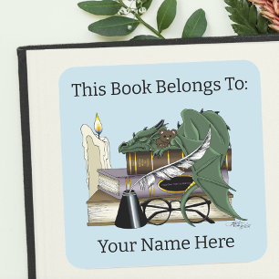 Sticker Carré Ex-libris Dragon Endormi Fantaisiste Vert Douillet