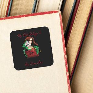Sticker Carré Ex-libris Femme Élégante Masque Vénitien Rouge Ver