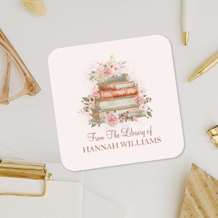 Sticker Carré Ex-libris Fleurs Roses Roses et Livres