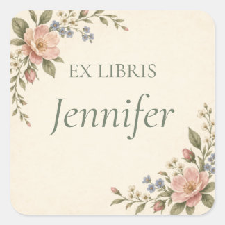 Sticker Carré Ex Libris Floral Personnalisé pour Livre