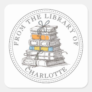 Sticker Carré Ex-libris illustré personnalisé d'un paquet de liv